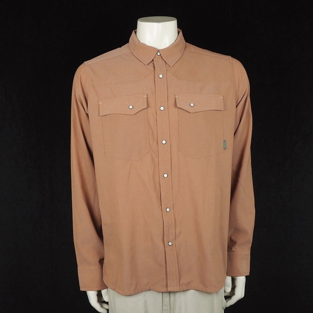 New Stio Eddy Pearl Snap Western Shirt Mens Large Brown Nylon Blend Hiking Tech